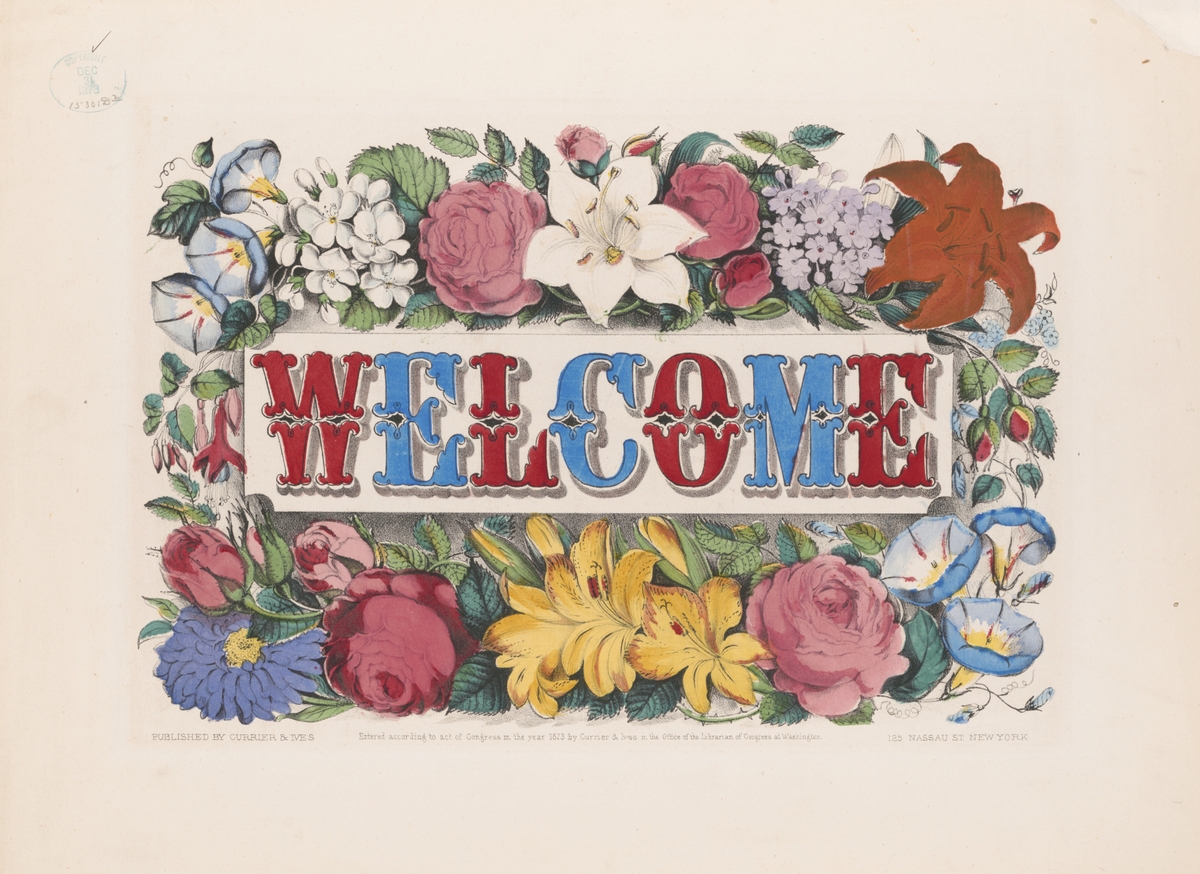 Blue and red WELCOME text surrounded by flowers against a beige background